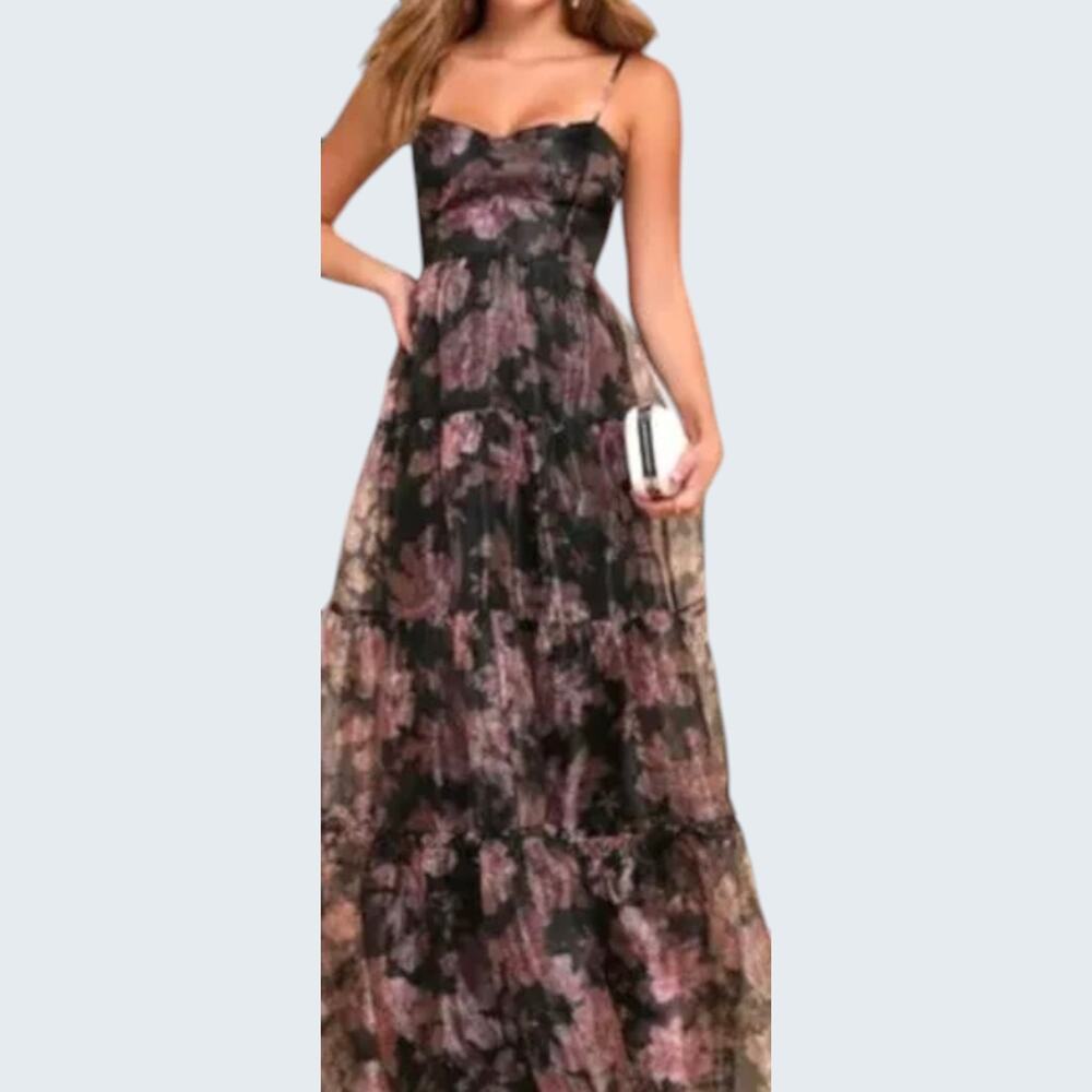 Lulus Black Floral Organza Tiered Exclusive Glamour Maxi Dress Size XL #71 # - Picture 4 of 4